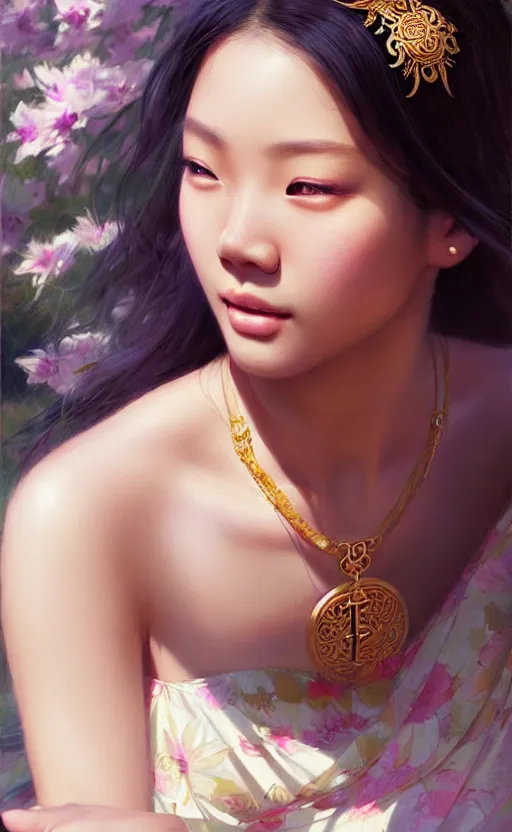 Image similar to a beautiful young charming asian goddess with sundress and jewelry | | winter, realistic shaded, unpleasant face, good looking, fine details, dior, lv, realistic shaded lighting poster by greg rutkowski, macoto takahashi, magali villeneuve, artgerm, jeremy lipkin and michael garmash