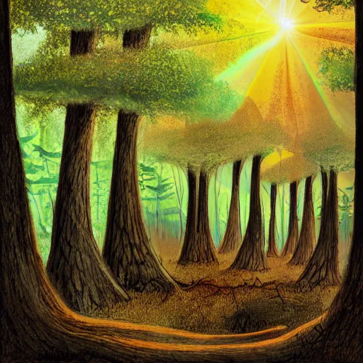 Image similar to mushroom trees viewed from the forest floor with a god ray drawn by John Avon