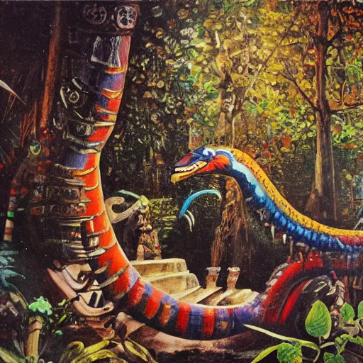 Image similar to high quality, high detail painting, dutch masterpiece, fluxus, film noir, william s burroughs, empty scene in las pozas with quetzalcoatl at night, hd, muted lighting