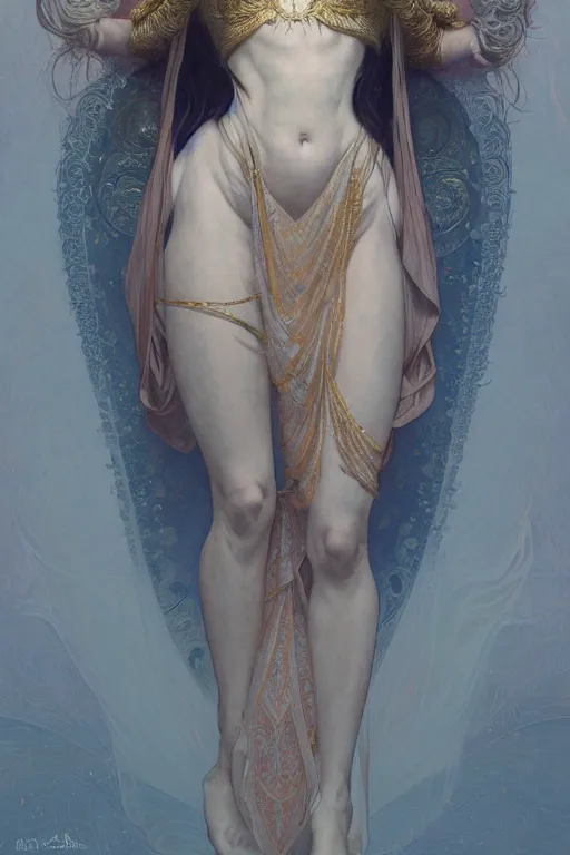 Prompt: a full body portrait of a beautiful ethereal delicate mage queen meditative sacral pose of vestal power, bedroom, intricate, elegant, highly detailed, digital painting, artstation, concept art, smooth, sharp focus, illustration, art by krenz cushart and artem demura and alphonse mucha