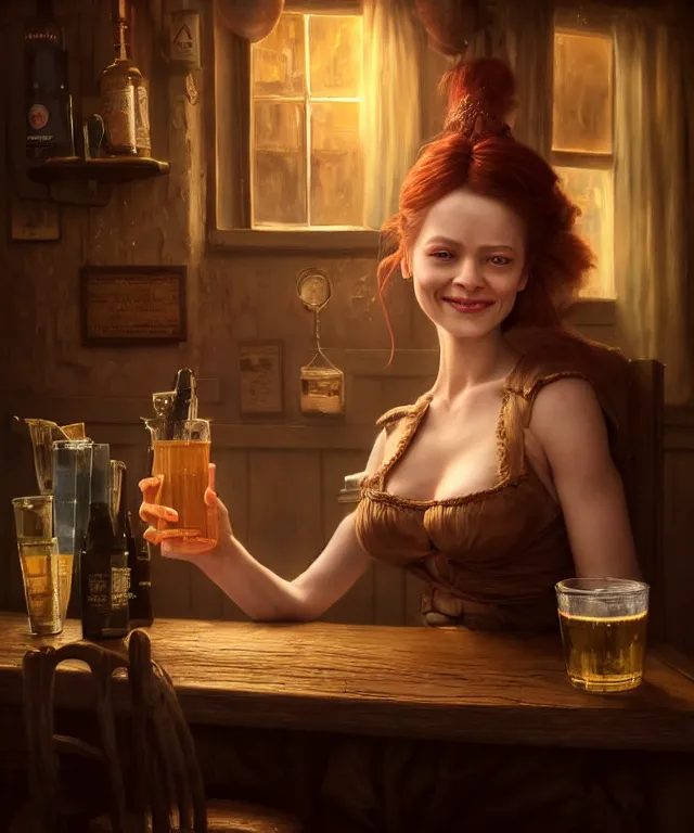 Image similar to hyperrealistic mixed media painting of a beautiful smiling charismatic barmaiden, dimly lit cozy tavern, confident relaxed pose, d&d, stunning 3d render inspired art by Gerlad Brom and Anna Dittmann + perfect facial symmetry + dim volumetric lighting, 8k octane beautifully detailed render, post-processing, extremely hyperdetailed, intricate, epic composition, grim yet sparkling atmosphere, cinematic lighting + masterpiece, trending on artstation, very very detailed, masterpiece, stunning