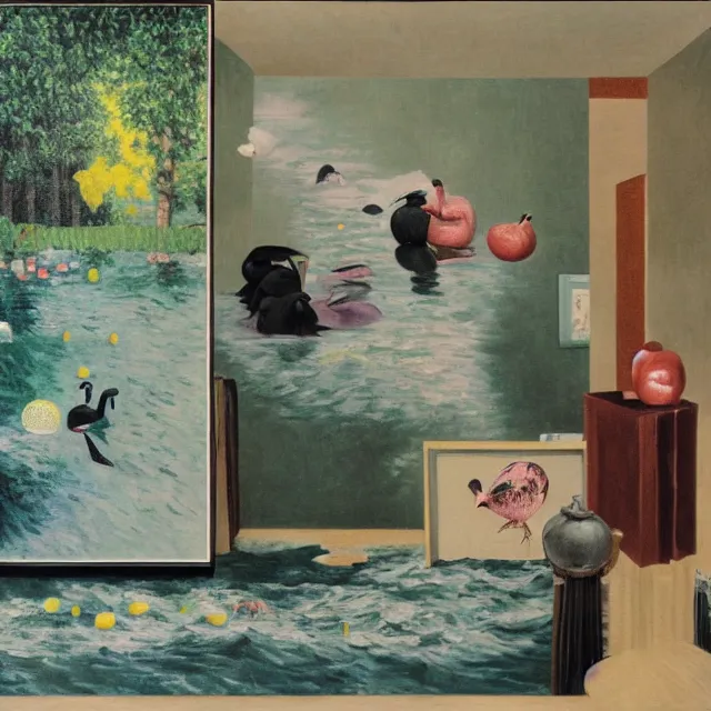 Image similar to painting of flood waters inside an apartment, tall female emo art student, a river flooding indoors, pomegranates, pigs, ikebana, water, river, rapids, waterfall, black swans, canoe, berries dripping, acrylic on canvas, surrealist, by magritte and monet