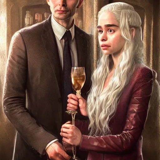 Prompt: daenerys targaryen with david tennant as tenth doctor who in tavern, highly detailed, sharp focus, digital art, defined facial features, symmetrical facial features, close up, art by greg rutkowski