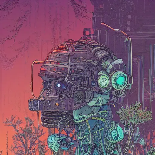 Image similar to Stunningly intricate illustration of a single cyberpunk explorer overlooking a gigantic decaying robot head in a lush forest, highly detailed, midnight, by Victo Ngai and James Gilleard , Moebius, Laurie Greasley