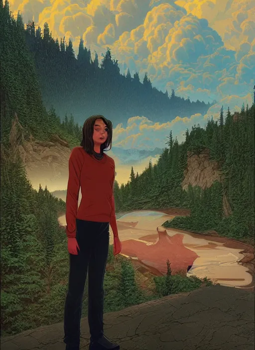 Prompt: Twin Peaks romantic poster artwork by Michael Whelan and Tomer Hanuka, Karol Bak, Rendering of teenage romance Zendaya, from scene from Twin Peaks, full of details, by Makoto Shinkai and thomas kinkade, Matte painting, trending on artstation and unreal engine