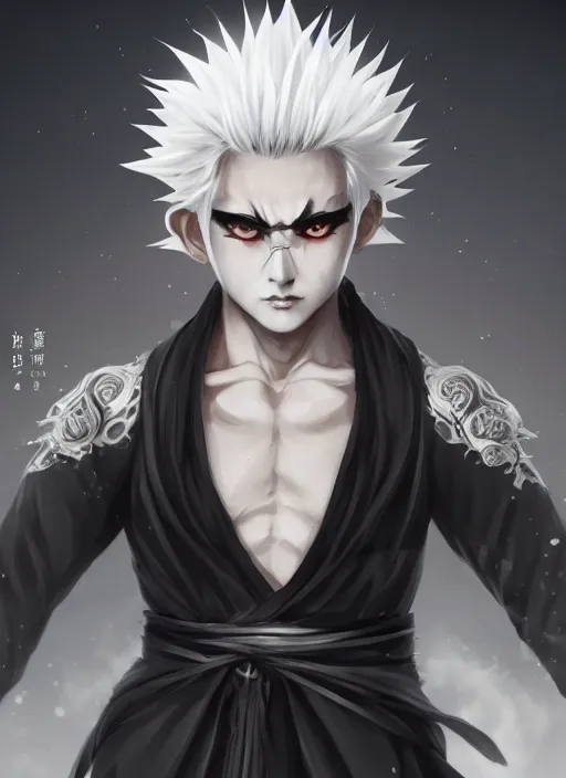 Image similar to a highly detailed illustration of fierce white haired young japanese man wearing hakama, black! sclera! eyes, dramatic serious pose, muscular, intricate, elegant, highly detailed, centered, digital painting, artstation, concept art, smooth, sharp focus, league of legends concept art, wlop
