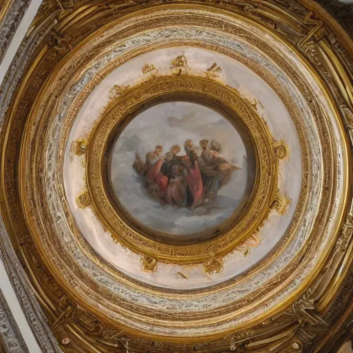 Image similar to ornated circular ceiling, with paintings of angels, highly detailed