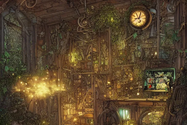 Image similar to very tidy steampunk home office overseeing a magical portal, lush plants, machines, synthesizer, beautifully lit, by Rebecca Guay, high resolution, trending on artstation