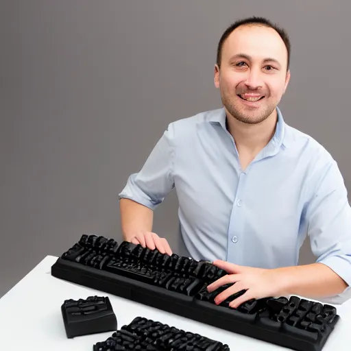 Prompt: Professional portrait photo of a man holding a mechanical keyboard, studio quality lighting