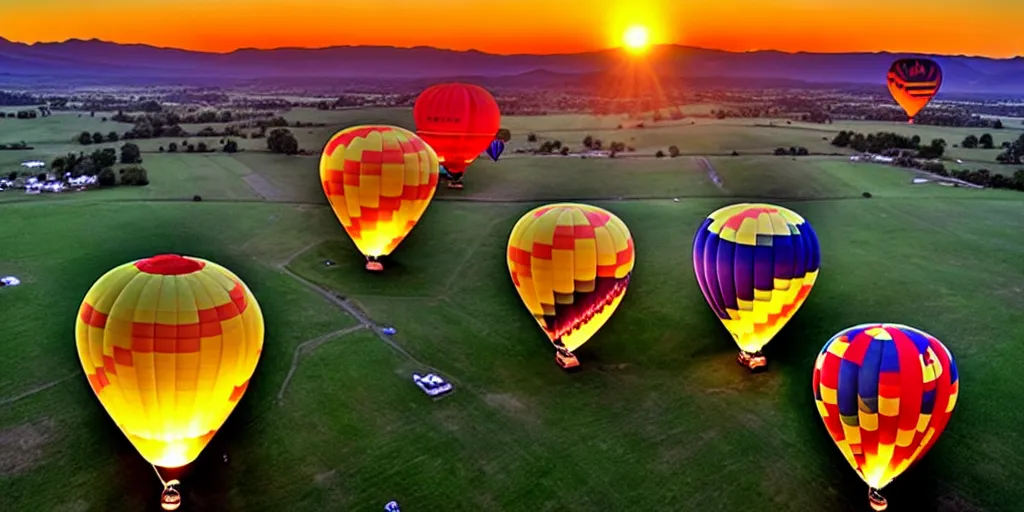 Image similar to hot air balloons, sunset, beautiful landscape, wide angle