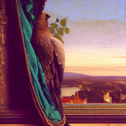 Image similar to a beautifully photoreal clear detailed victorian portrait of a close up raven on a victorian sill with an ornate velvet teal curtain at beautiful sunset daytime nature sunlit painting by frederic leighton and turner and rosetti, 8 k, octane render