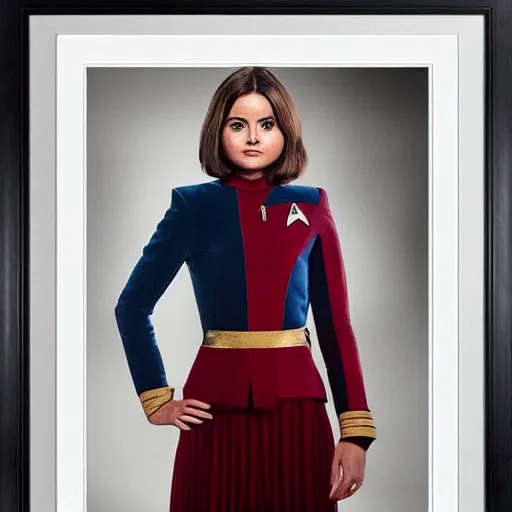 Image similar to a beautiful full body photograph of younger jenna coleman as a star fleet officer from star trek next generation, full dress uniform, symmetrical face, extreme realism and detail, 8 k, completely framed, direct lighting, 3 5 mm photo, photorealistic, sharp focus