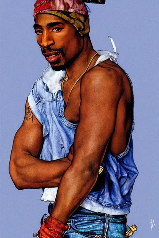 Image similar to Tupac, illustrated in whimsical style, Illustration by Norman Rockwell, Kehinde Wiley!!, artgerm, loish, oil painting,