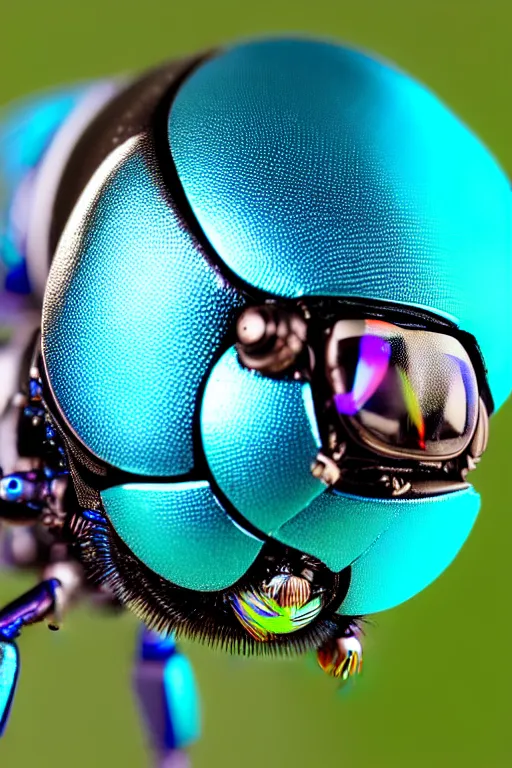 Image similar to high quality macro robot metallic tachinid fly! gorgeous highly detailed hannah yata elson peter cinematic turquoise lighting high quality low angle hd 8k sharp shallow depth of field