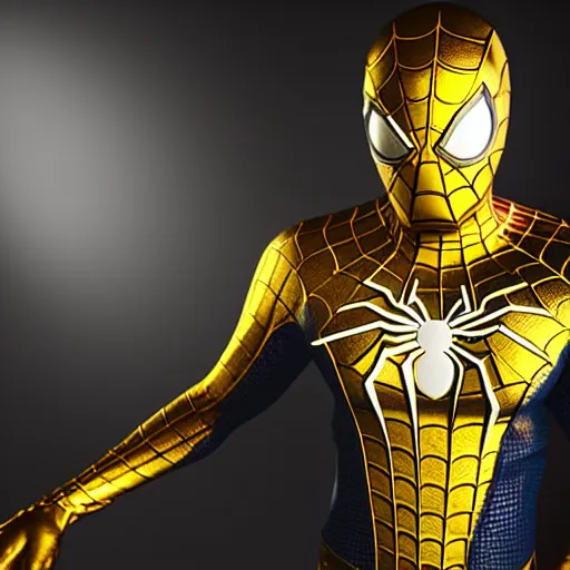 Image similar to gold spider - man suit with black web lining, cinematic, volumetric lighting, realistic, hyperdetailed, photorealistic, photograph