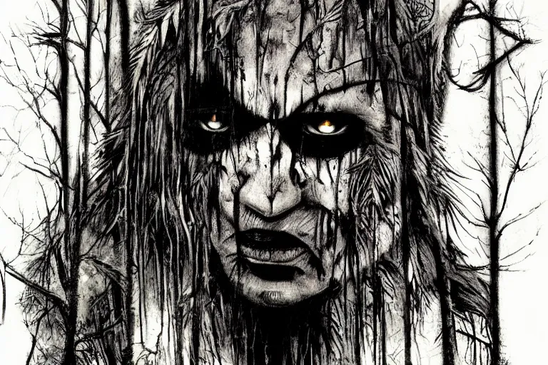 Image similar to mad native american skinwalker in grim forest artwork by ben templesmith