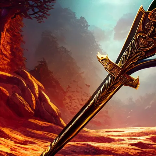 Image similar to concept art of rare legendary mythical sword, rpg, weapon, detailed, digital art, d & d, incredible, digital painting, no noise, global illumination, warm lighting, volumetric, vivid, intricate details, ultra realistic, volumetric lighting, warm colors advance, cell shading, hyper realism, matte painting, realistic octane render, highly detailed