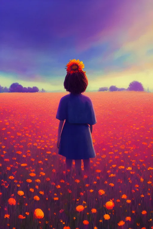 Image similar to closeup, huge flower head, girl standing in a field of flowers, surreal photography, sunrise, blue sky, dramatic light, impressionist painting, digital painting, artstation, simon stalenhag