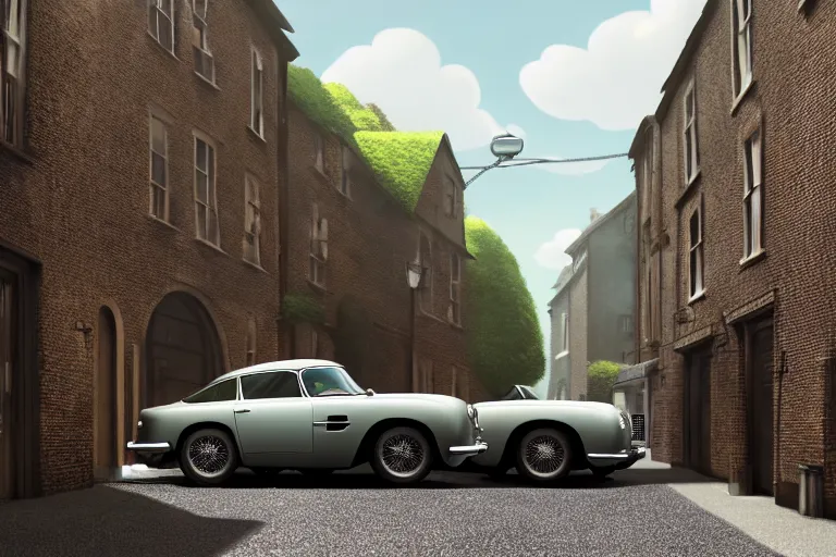 Image similar to a wholesome animation key shot of one short - wheelbase aston martin db 5, in a rich london mews residential street, miniature, waist height, medium range, studio ghibli, ( pixar ) and disney animation, sharp, very detailed, unreal engine 5 render, bloom, high resolution, anime key art by greg rutkowski