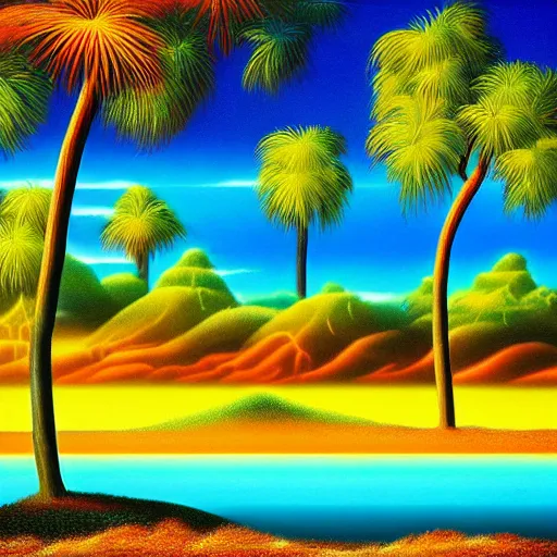 Prompt: retrowave natural landscape, airbrush, mettalic, by Syd Brak