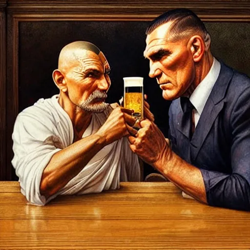 Image similar to vinnie jones and ghandi drinking beer in a pub, real life skin, intricate, elegant, highly detailed, artstation, concept art, smooth, sharp focus, art by artgerm and greg rutkowski and alphonse mucha