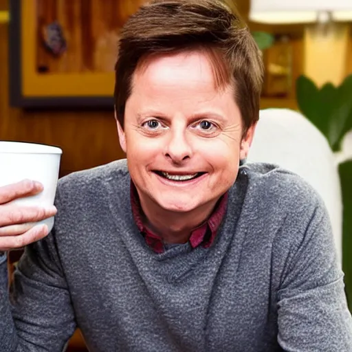 Prompt: Michael J Fox drinking coffee put a poop emoji mug