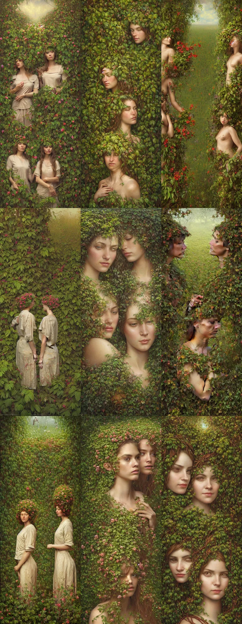 Prompt: a painting of two women with plants on their heads, a detailed matte painting by brad kunkle, featured on cgsociety, figurative art, made of vines, detailed painting, behance hd, midjourneyhd, impressionism