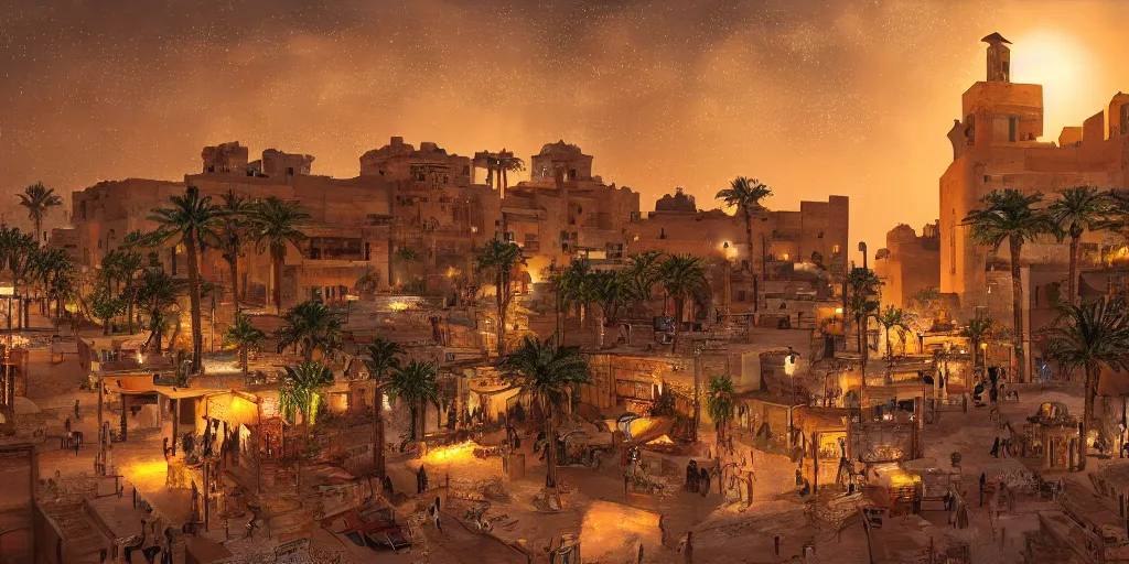 Prompt: painting of an old african city with a mix of traditional african and egyptian architecture, tiny glowing lights hovering between houses, people flying in the skies above, people talking in the streets and greenery growing between the buildings, photoreal, trending on artstation