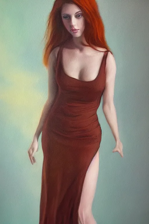 Prompt: ultra realist soft painting of a single beautiful female in a full long curvy slim dress, thin long auburn hair, symmetry accurate features, very intricate details, volumetric lighting, 1970 artstyle