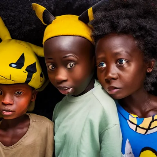 Image similar to a small african boy and an girl wearing a pikachu costume, movie still from tank girl, wide angle shot, ultra detailed, portrait, in the style of studio ghibli and roger ballen,