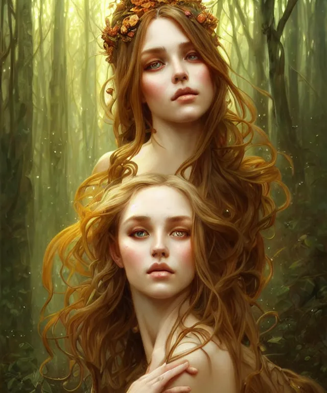 Image similar to Forest nymph woman portrait, amber eyes, face, long hair, fantasy, intricate, elegant, highly detailed, digital painting, artstation, concept art, smooth, sharp focus, illustration, art by artgerm and greg rutkowski and alphonse mucha