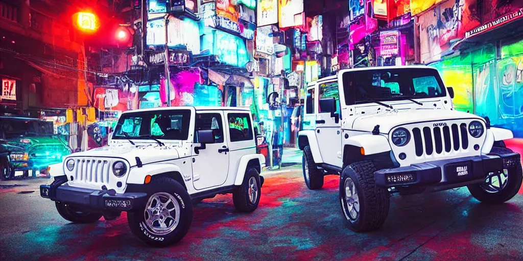 Prompt: old photograph of an Itasha style 1997 hardtop Jeep Wrangler, urban Shibuya, floating orbs of liquid, neon night, cinematic, refraction, colorful, photorealistic, dark, atmospheric, ultra realistic, insanely detailed, lights and shadows