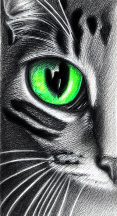 Prompt: highly detailed full body realistic pencil sketch of a beautiful cat with big green eyes in front of the universe