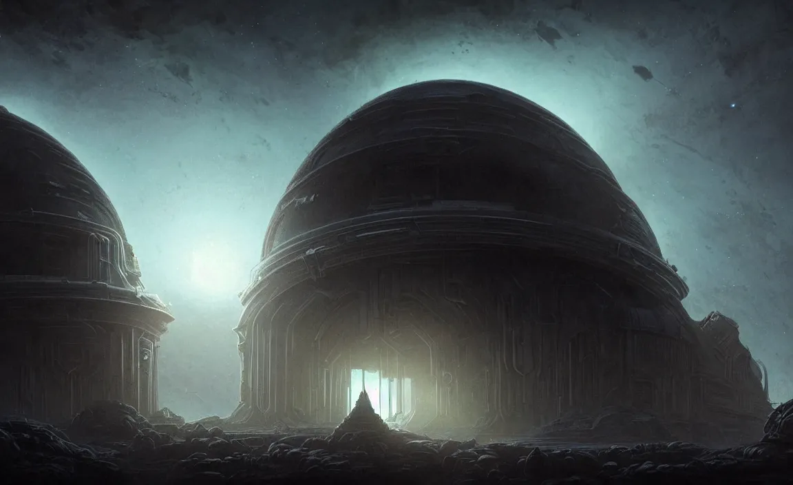 Prompt: epic professional sci - fi digital art of ruined domed planetary outpost, eerie atmospheric lighting, painted, detailed, intricate, impressive foreboding, by leesha hannigan, wayne haag, reyna rochin, ignacio fernandez rios, mark ryden, iris van herpen, hdr, 8 k, epic, stunning, gorgeous, much wow, cinematic, masterpiece