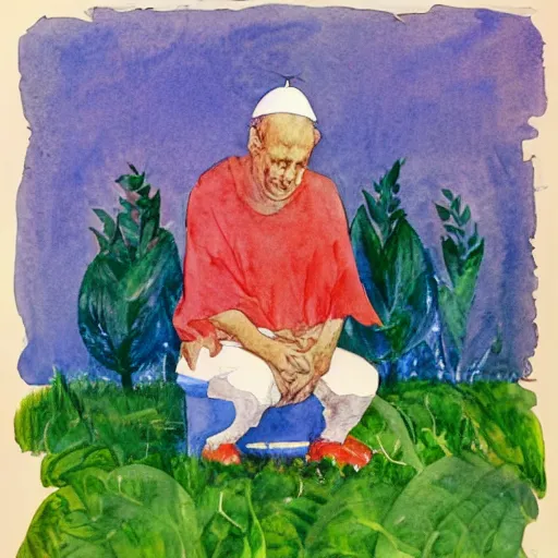 Image similar to watercolor and collage by eric carle, of the pope squatting on a toilet in the forest, peaceful mood