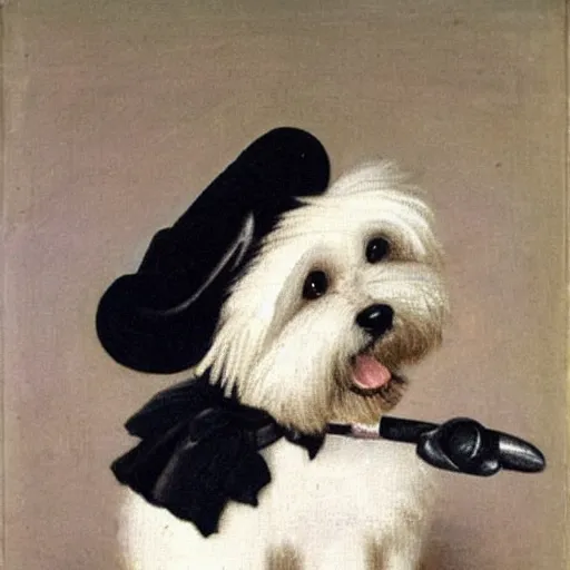 Prompt: A coton de tulear dog with black fur dressed up as a dapper english gentleman wearing a monocle and holding a pipe, renaissance oil painting, highly detailed