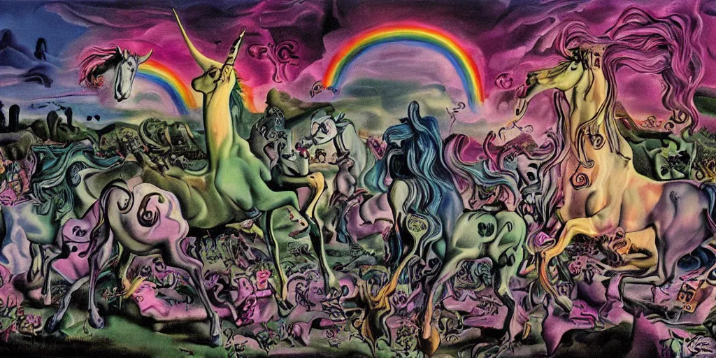 Prompt: A thousand unicorns dancing on a rave in a graveyard in the woods under a rainbow in the night sky, western style comic by Salvador Dali