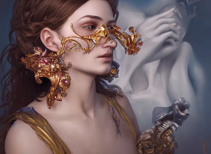 Image similar to masked, perfectly-centered-Portrait of the most beautiful woman on the planet , intricate, highly detailed, artstation, concept art, concept render, octane, redshift, smooth, sharp focus, illustration,award-winning, Unreal Engine 5, 8K, art by artgerm and greg rutkowski and alphonse mucha