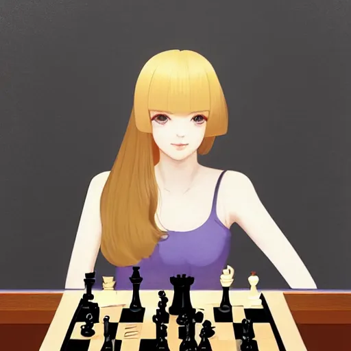 Image similar to portrait by ilya kuvshinov of a beautiful blonde girl playing chess at a table, slight smile, symmetrical face, trending on pixiv, fhd, detailed, subdued color palette