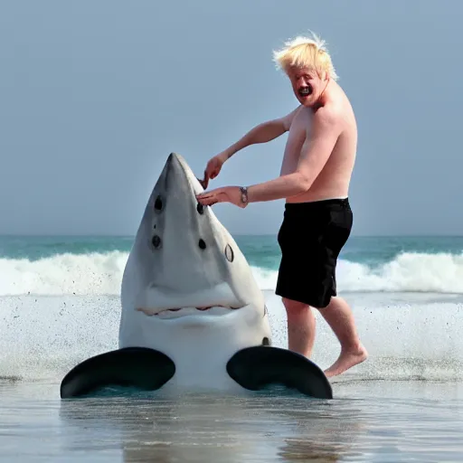 Prompt: boris johnson riding a shark at the beach