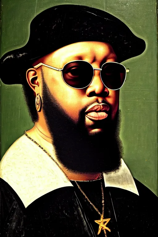 Prompt: high quality celebrity portrait of killer mike in a crown and sunglasses painted by the old dutch masters, rembrandt, hieronymous bosch, frans hals, symmetrical detail