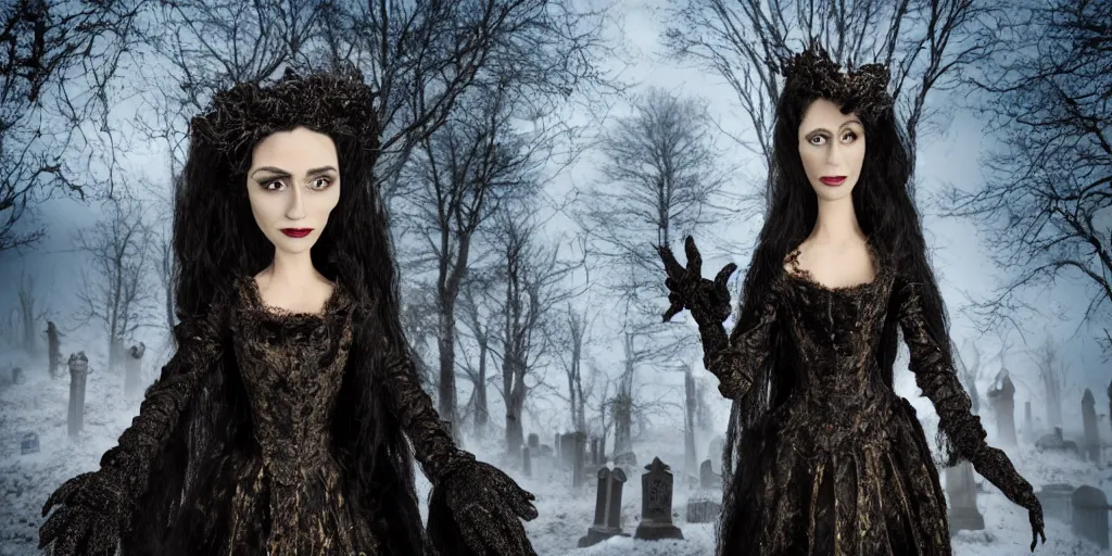 Prompt: photo taken of an epic intricate, ultra detailed, super realistic stop motion puppet of a majestic gracious regal aristocratic brunette female vampire in a graveyard filmset created by weta workshop directed by tim burton, menacing, wide angle, moody night time scene, photorealistic, sharp focus, gloomy, extremely cold blueish colour temperature, 3 5 mm, f 1. 4