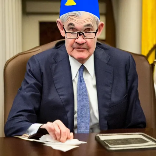 Prompt: Jerome Powell wearing a dunce hat