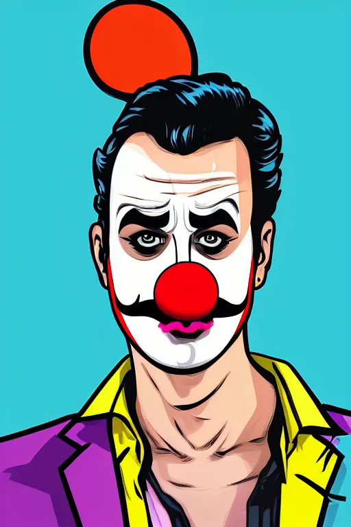 Prompt: display twitter guy wearing an blouses with clown mask. pop art, gta vice city art style, digital art, arstation art, pixel art, face and body features details, ultra realistic details, concept art, casual art, sharp focus, illustration, intecrate details, elegant, confident posse, art by mark millar and richard hamilton and mimmo rottela