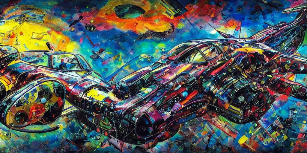 Prompt: a cyberpunk flying car, by jackson pollock and wassily kandinsky, 4 k resolution, vivid colours, extremely detailed, dripping technique, oil paint, depth