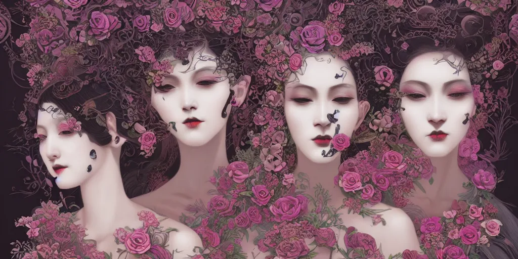 Image similar to breathtaking detailed concept art painting art deco pattern of goth faces goddesses amalgamation flowers, by hsiao - ron cheng, bizarre compositions, exquisite detail, extremely moody lighting, 8 k