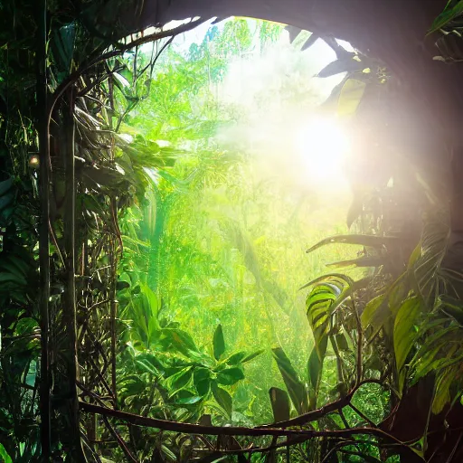 Image similar to sunrise in a tropical jungle, lighting a door that is overgrown with vines, leaves on the ground, small window with a light inside, sun rays, beautiful steel wall covered in geometric artwork, extreme detail, 8k