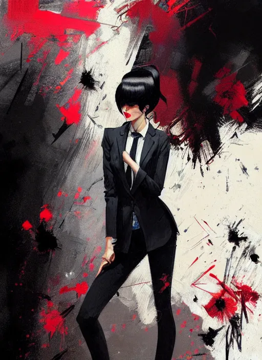 Prompt: a ultradetailed beautiful panting of a stylish woman wearing a shirt with a tie, she has black hair, distressed, background explosion, by ashley wood, ilya kuvshinov, greg rutkowski on artstation