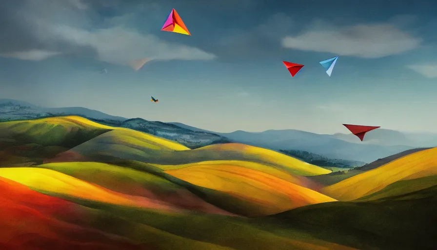 Image similar to a beautiful landscape painting, flying colorful paper planes, tuscany hills, by sam guay, moody lighting, hyperrealism, 4 k, octane render