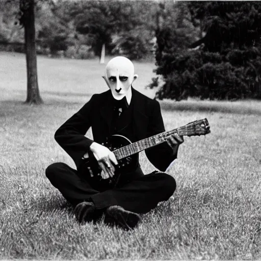 Prompt: vintage photograph of count orlok crouched on the lawn outside his castle, playing the blues on guitar, 4 k